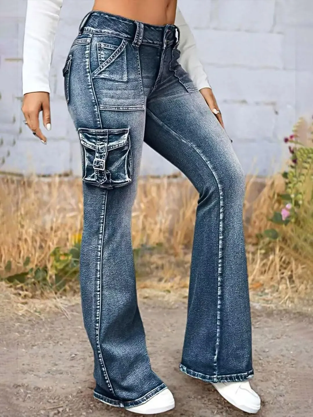 Flamingals Women's Cargo Mid Waisted Jeans Wide Leg Butt Lifting Flap Pocket Flare Y2k Denim Pants