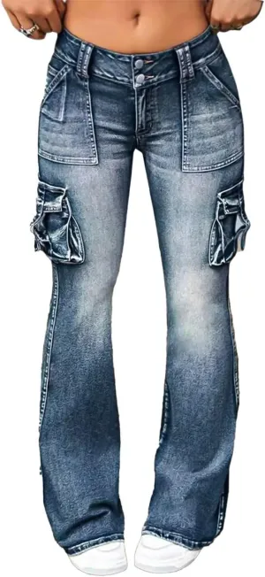 Flamingals Women's Cargo Mid Waisted Jeans Wide Leg Butt Lifting Flap Pocket Flare Y2k Denim Pants