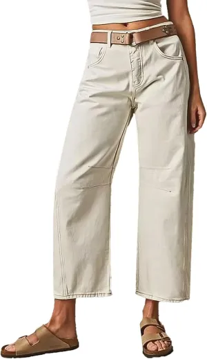 Flamingals Womens Mid Waist Crop Straight Leg Jeans with Solid Stitch Detail Casual Fashion Trendy Denim Pants