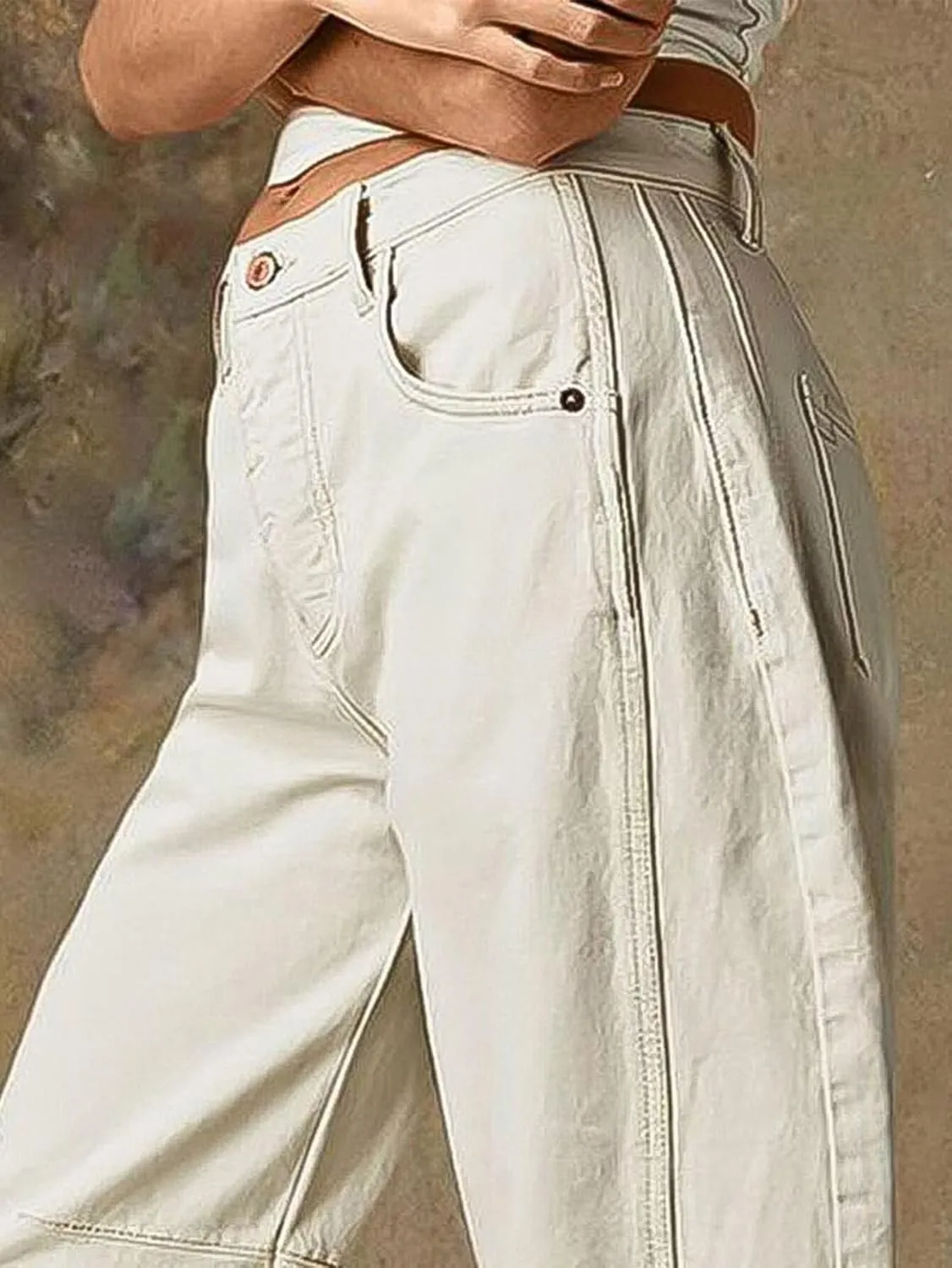 Flamingals Womens Mid Waist Crop Straight Leg Jeans with Solid Stitch Detail Casual Fashion Trendy Denim Pants