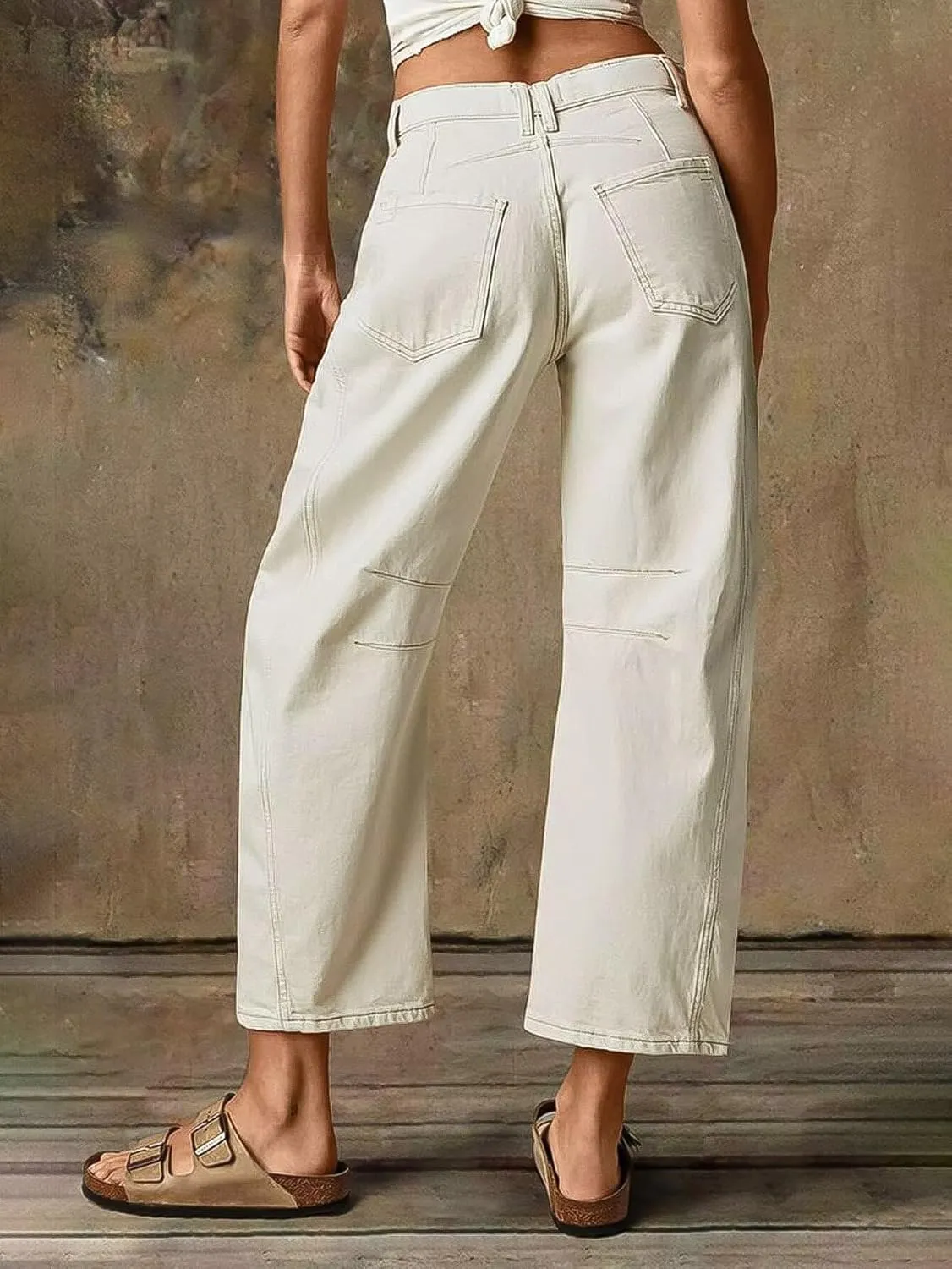 Flamingals Womens Mid Waist Crop Straight Leg Jeans with Solid Stitch Detail Casual Fashion Trendy Denim Pants