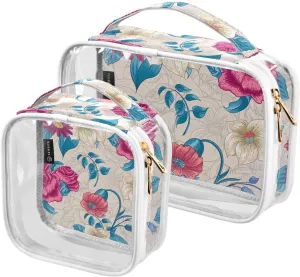 Floral-pattern-roses-wildflowers 2 Pack Clear Toiletry Bag Women Men, Portable Waterproof Clear Pouch, Cosmetic Bag with Double Zippers Large Opening Traveling with Handle for Bathroom Traveling Vacat