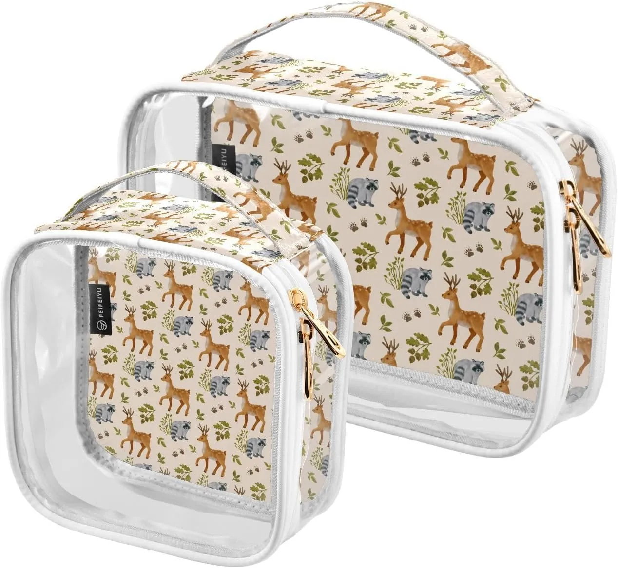 Forest-animals-pattern 2 Pack Clear Toiletry Bag Women Men, Portable Waterproof Clear Pouch, Cosmetic Bag with Double Zippers Large Opening Traveling with Handle for Bathroom Traveling Vacation Organi