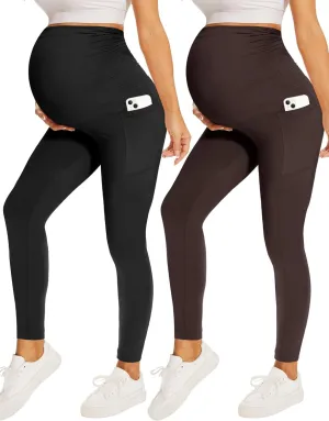 Fotociti 2 Pack Maternity Leggings With Pockets Over The Belly,Womens Pregnancy Workout Yoga Active Soft Tights Pants