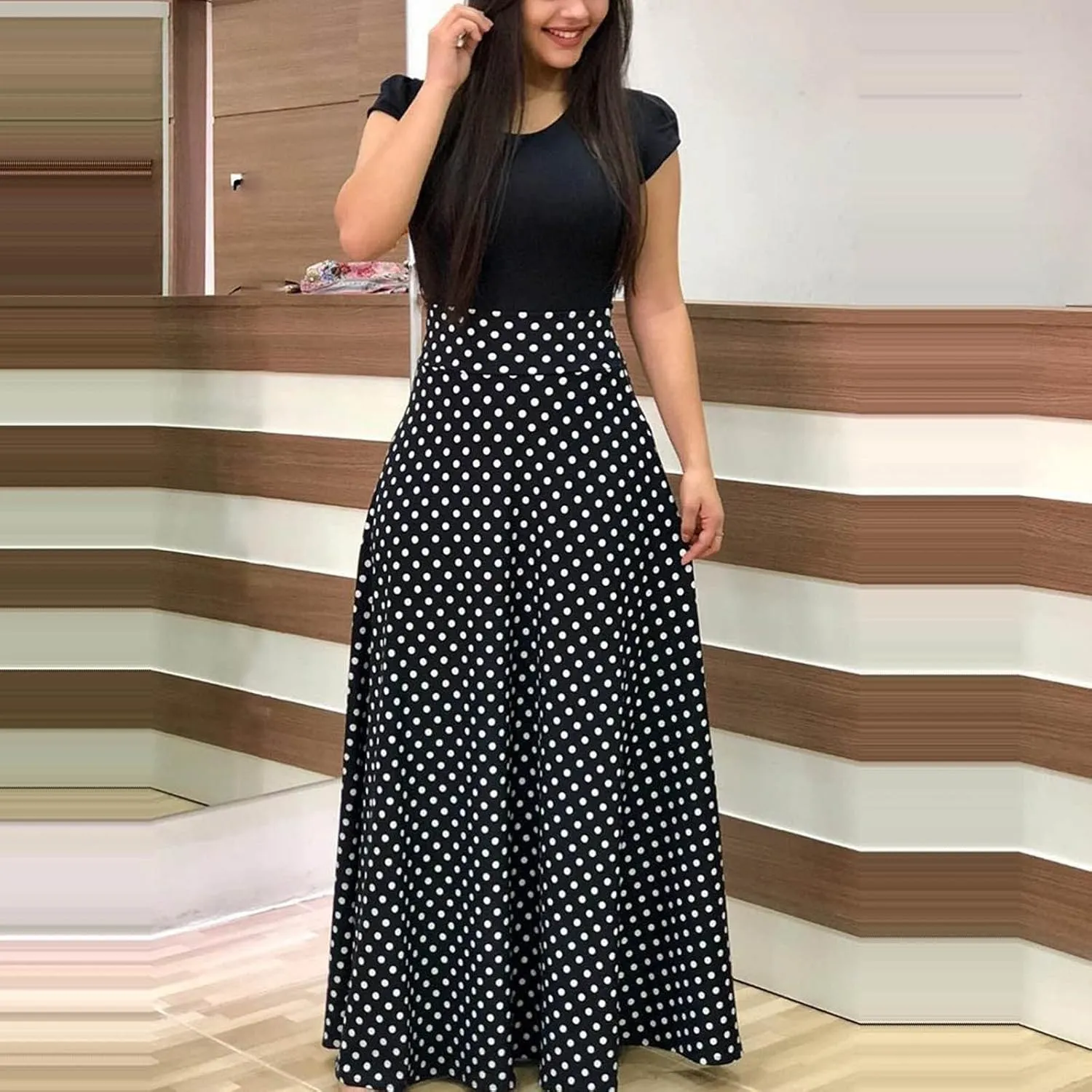 FQZWONG Women's Summer Casual Maxi Dress Blue Size Large High Waisted Flowy Prom Party Dress