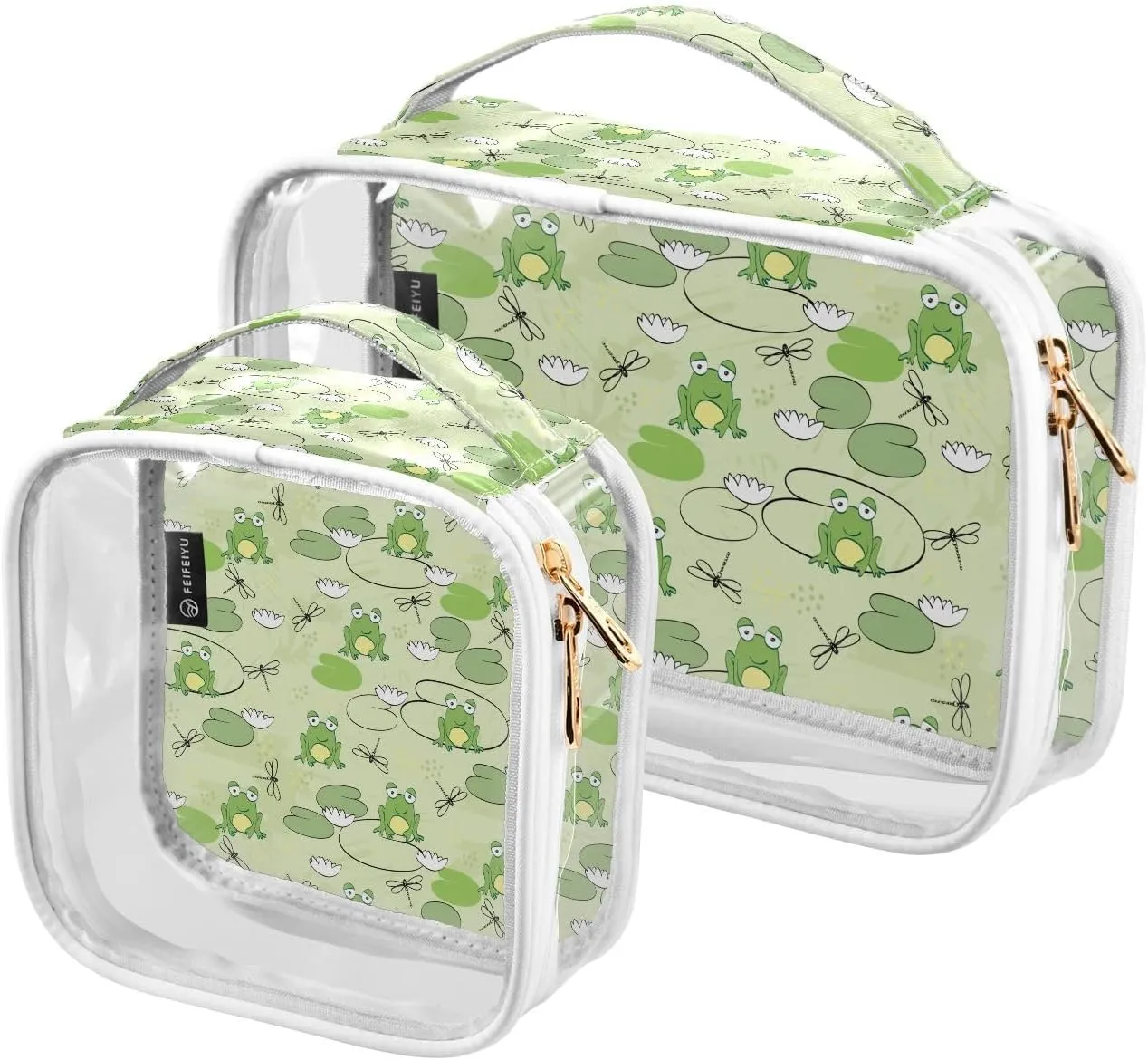 Frog Cartoon Pattern 2 Pack Clear Toiletry Bag Women Men, Portable Waterproof Clear Pouch, Cosmetic Bag with Double Zippers Large Opening Traveling with Handle for Bathroom Traveling Vacation Organizi