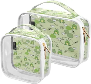 Frog Cartoon Pattern 2 Pack Clear Toiletry Bag Women Men, Portable Waterproof Clear Pouch, Cosmetic Bag with Double Zippers Large Opening Traveling with Handle for Bathroom Traveling Vacation Organizi