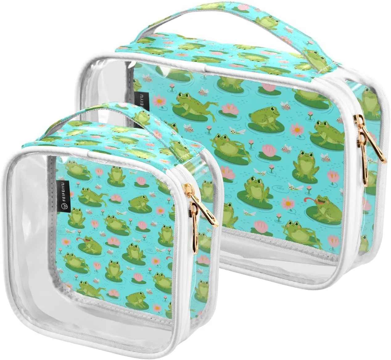 Frogs-print 2 Pack Clear Toiletry Bag Women Men, Portable Waterproof Clear Pouch, Cosmetic Bag with Double Zippers Large Opening Traveling with Handle for Bathroom Traveling Vacation Organizing