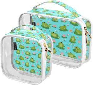 Frogs-print 2 Pack Clear Toiletry Bag Women Men, Portable Waterproof Clear Pouch, Cosmetic Bag with Double Zippers Large Opening Traveling with Handle for Bathroom Traveling Vacation Organizing