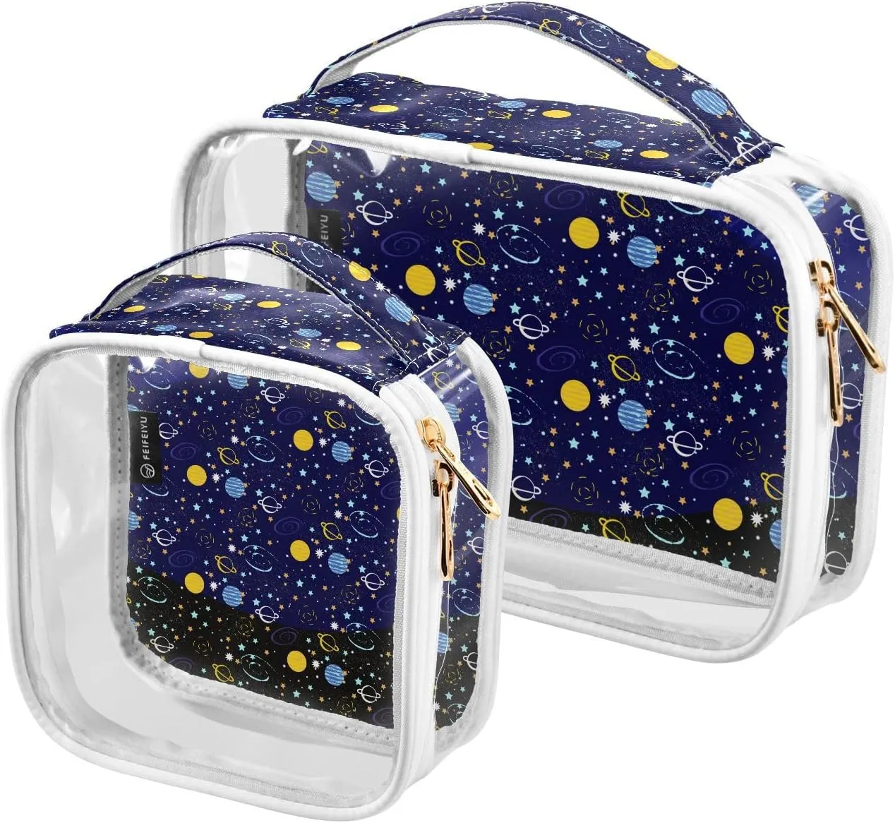 Galaxys-print 2 Pack Clear Toiletry Bag Women Men, Portable Waterproof Clear Pouch, Cosmetic Bag with Double Zippers Large Opening Traveling with Handle for Bathroom Traveling Vacation Organizing