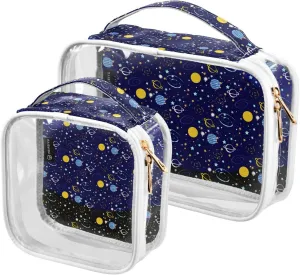 Galaxys-print 2 Pack Clear Toiletry Bag Women Men, Portable Waterproof Clear Pouch, Cosmetic Bag with Double Zippers Large Opening Traveling with Handle for Bathroom Traveling Vacation Organizing