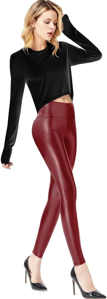 Ginasy Faux Leather Leggings for Women Tummy Control Stretch High Waist Pleather Pants with Thin Fleece Lined