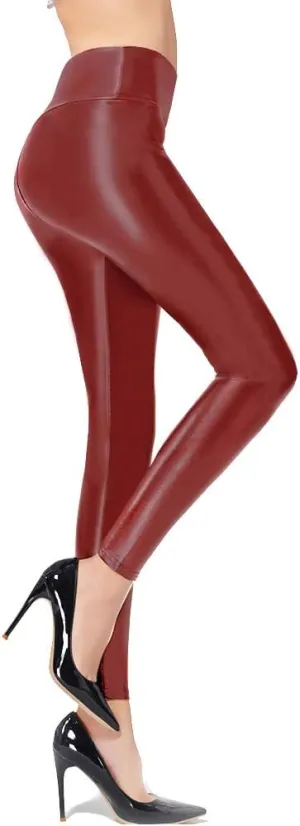 Ginasy Faux Leather Leggings for Women Tummy Control Stretch High Waist Pleather Pants with Thin Fleece Lined