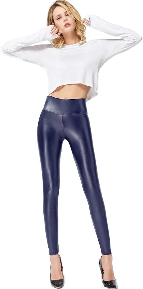 Ginasy Faux Leather Leggings for Women Tummy Control Stretch High Waist Pleather Pants with Thin Fleece Lined