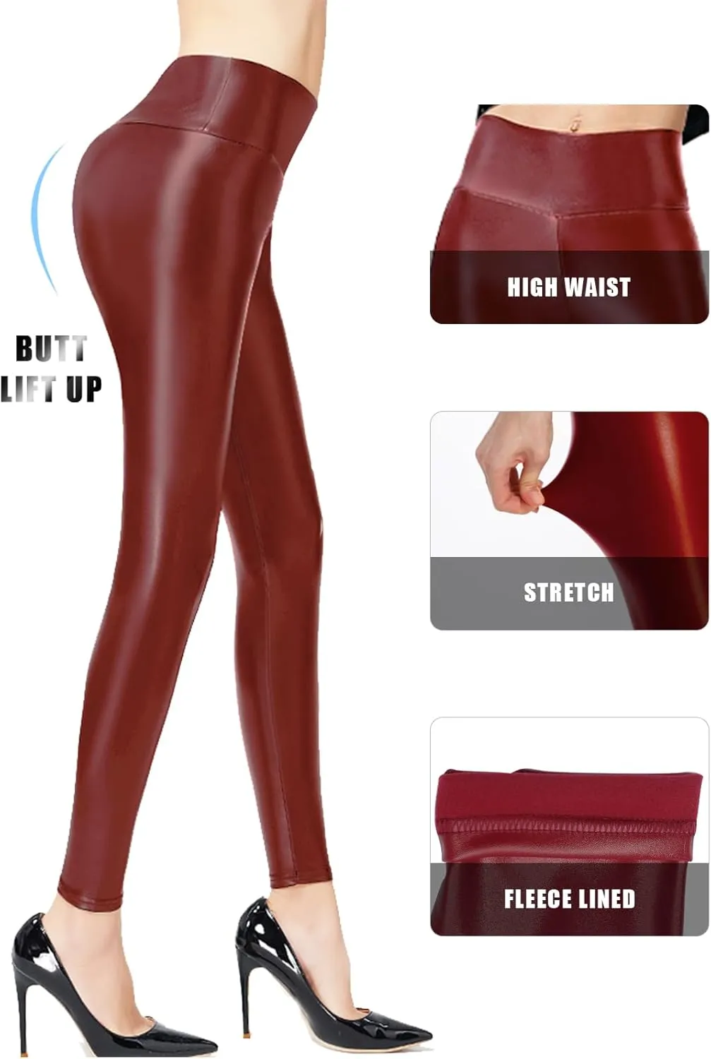 Ginasy Faux Leather Leggings for Women Tummy Control Stretch High Waist Pleather Pants with Thin Fleece Lined