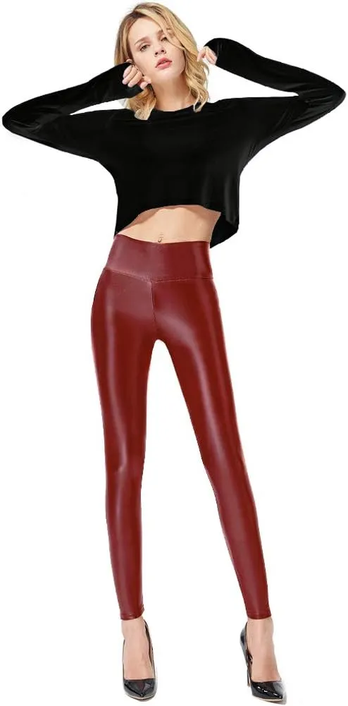 Ginasy Faux Leather Leggings for Women Tummy Control Stretch High Waist Pleather Pants with Thin Fleece Lined