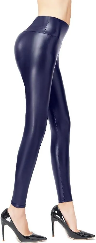 Ginasy Faux Leather Leggings for Women Tummy Control Stretch High Waist Pleather Pants with Thin Fleece Lined