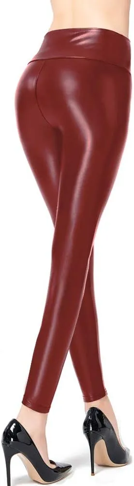 Ginasy Faux Leather Leggings for Women Tummy Control Stretch High Waist Pleather Pants with Thin Fleece Lined