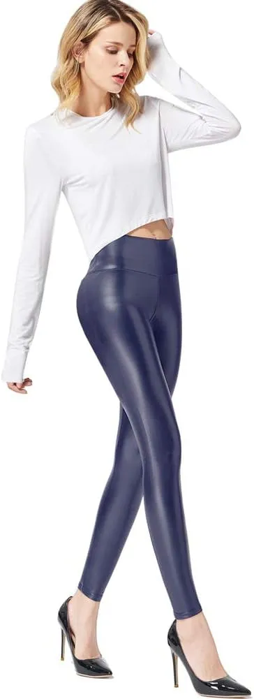 Ginasy Faux Leather Leggings for Women Tummy Control Stretch High Waist Pleather Pants with Thin Fleece Lined