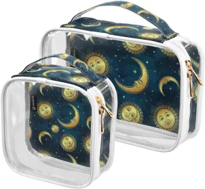 Gold-celestial-moon-sun Pattern 2 Pack Clear Toiletry Bag Women Men, Portable Waterproof Clear Pouch, Cosmetic Bag with Double Zippers Large Opening Traveling with Handle for Bathroom Traveling Vacati