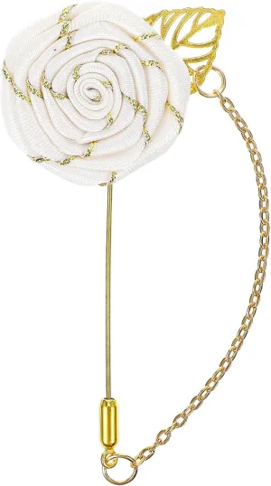 Gold Lapel Pin for MenGold Foil Brooch Men's White Flower Pin Men's Satin Lapel Pin with Metal Chain Suitable for Suits, Professional Suits, Tuxedo Groom Wedding Brooch