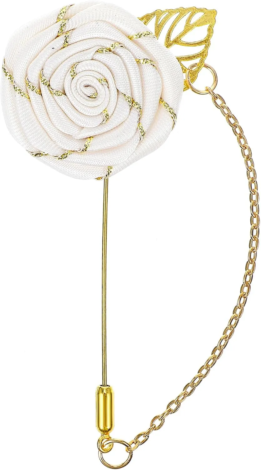 Gold Lapel Pin for MenGold Foil Brooch Men's White Flower Pin Men's Satin Lapel Pin with Metal Chain Suitable for Suits, Professional Suits, Tuxedo Groom Wedding Brooch