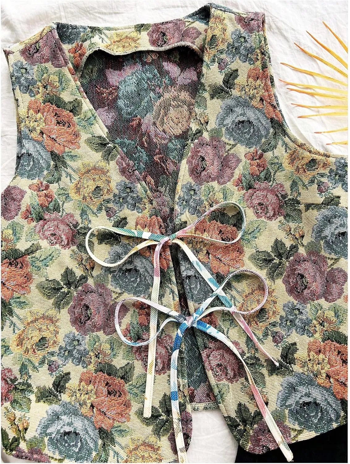GORGLITTER Women's Floral Bow Tie Front Vest Vintage V Neck Sleeveless Tank Top