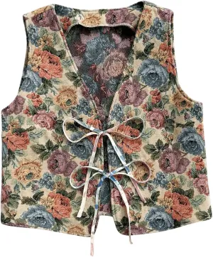 GORGLITTER Women's Floral Bow Tie Front Vest Vintage V Neck Sleeveless Tank Top