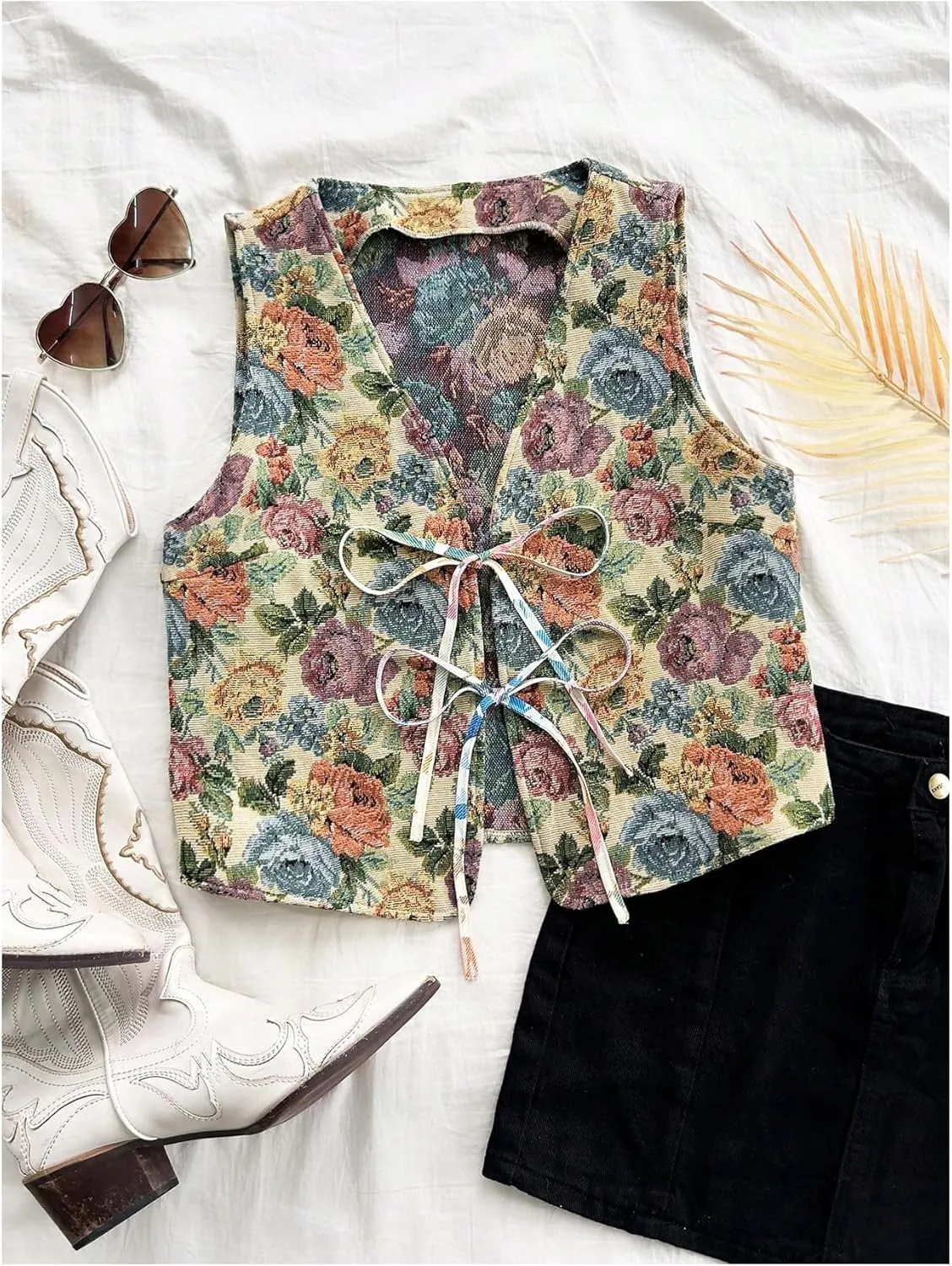GORGLITTER Women's Floral Bow Tie Front Vest Vintage V Neck Sleeveless Tank Top