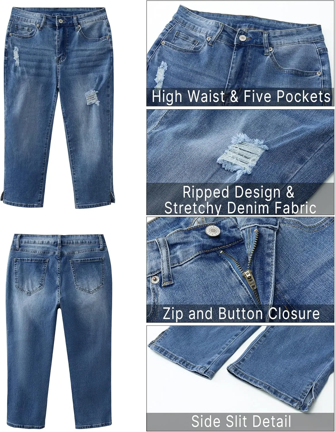 GRAPENT Capris Jeans for Women High Waisted Stretchy Ripped Skinny Denim Capri Pants Distressed Cropped Jeggings Casual