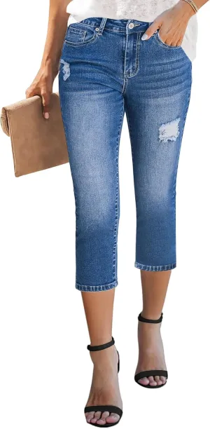 GRAPENT Capris Jeans for Women High Waisted Stretchy Ripped Skinny Denim Capri Pants Distressed Cropped Jeggings Casual