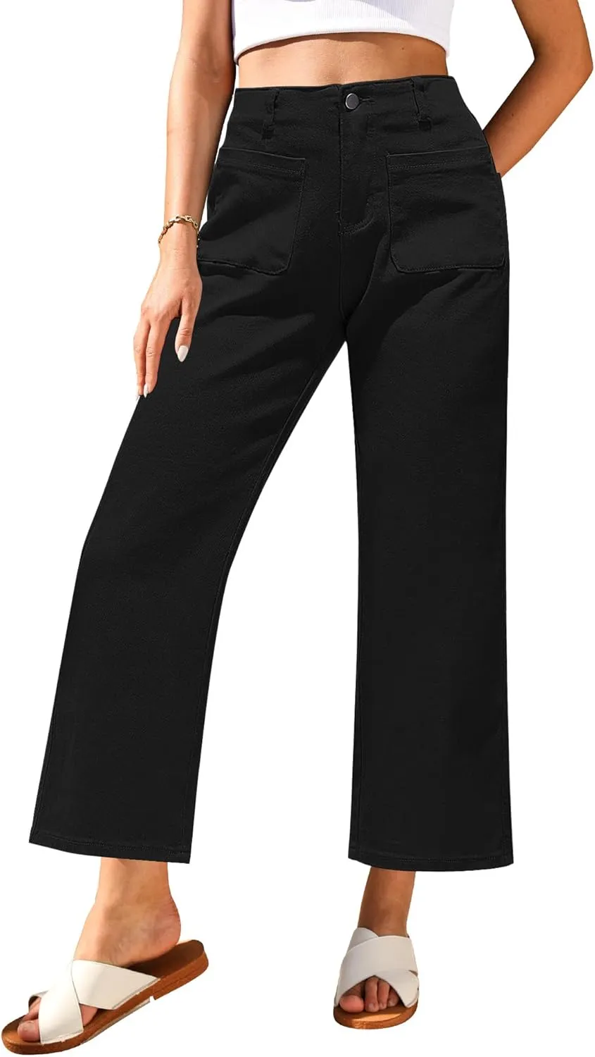 GRAPENT Wide Leg Jeans for Women High Waisted Straight Leg Stretchy Cropped Denim Pants with Pockets Jean Trousers