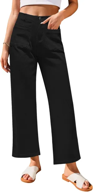GRAPENT Wide Leg Jeans for Women High Waisted Straight Leg Stretchy Cropped Denim Pants with Pockets Jean Trousers