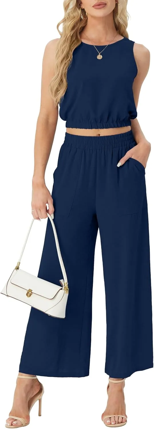 GRECERELLE Two Piece Sets for Women Sleeveless Crop Top Wide Leg Pants Sweat Set for Women Tracksuits 2025 Summer