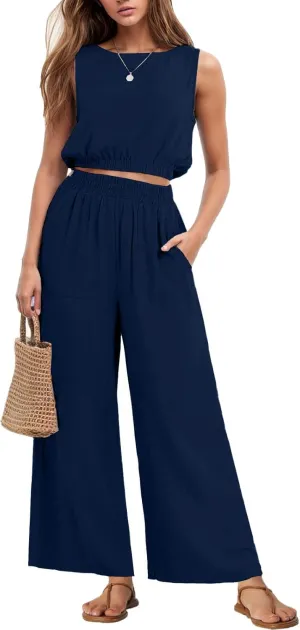 GRECERELLE Two Piece Sets for Women Sleeveless Crop Top Wide Leg Pants Sweat Set for Women Tracksuits 2025 Summer