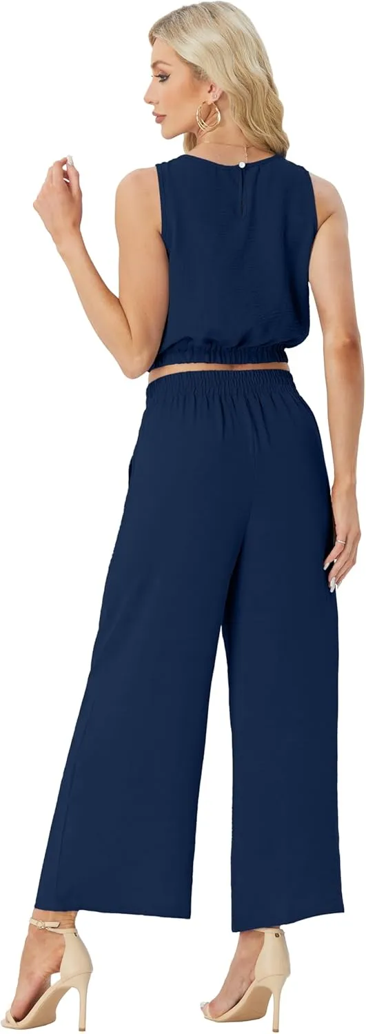 GRECERELLE Two Piece Sets for Women Sleeveless Crop Top Wide Leg Pants Sweat Set for Women Tracksuits 2025 Summer