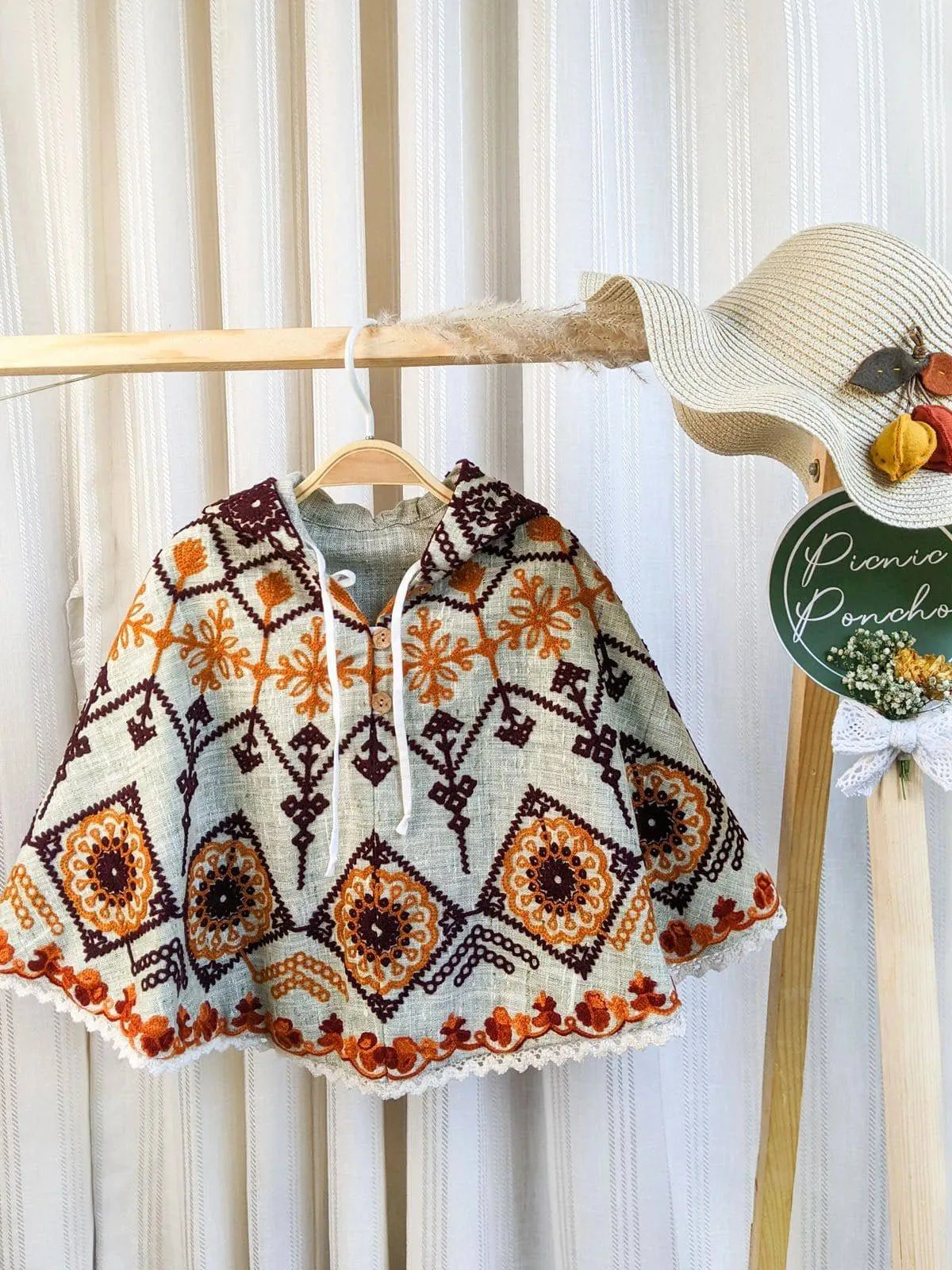 Green Fancy Embroidered Hoodie Poncho Top For Baby Girls