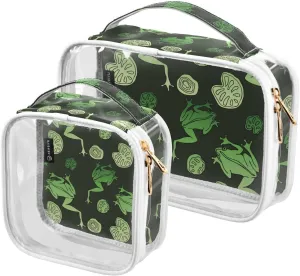Green-frogs-iand-leaves 2 Pack Clear Toiletry Bag Women Men, Portable Waterproof Clear Pouch, Cosmetic Bag with Double Zippers Large Opening Traveling with Handle for Bathroom Traveling Vacation Organ