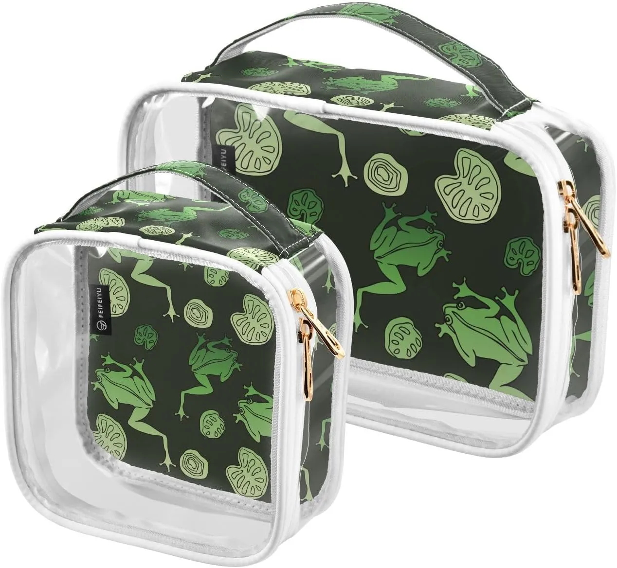 Green-frogs-iand-leaves 2 Pack Clear Toiletry Bag Women Men, Portable Waterproof Clear Pouch, Cosmetic Bag with Double Zippers Large Opening Traveling with Handle for Bathroom Traveling Vacation Organ
