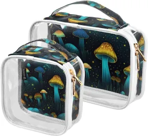 Group-mushrooms 2 Pack Clear Toiletry Bag Women Men, Portable Waterproof Clear Pouch, Cosmetic Bag with Double Zippers Large Opening Traveling with Handle for Bathroom Traveling Vacation Organizing