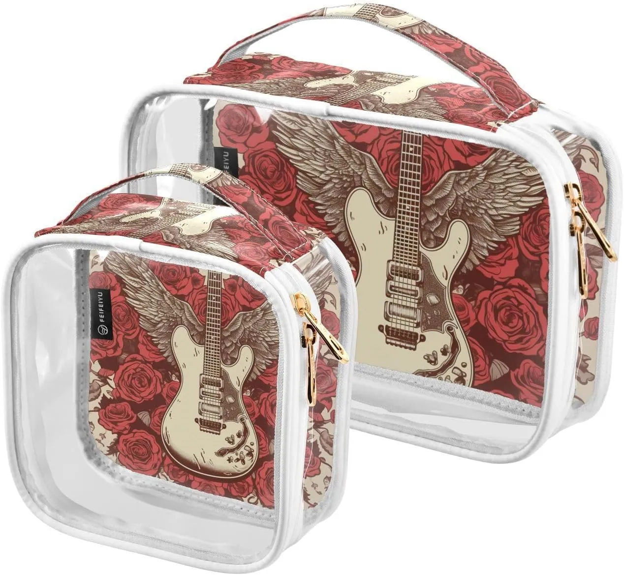 Guitar-roses 2 Pack Clear Toiletry Bag Women Men, Portable Waterproof Clear Pouch, Cosmetic Bag with Double Zippers Large Opening Traveling with Handle for Bathroom Traveling Vacation Organizing