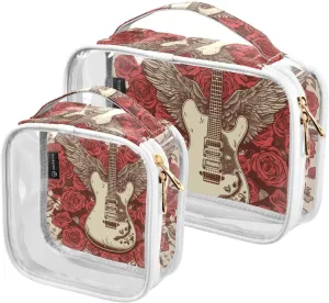 Guitar-roses 2 Pack Clear Toiletry Bag Women Men, Portable Waterproof Clear Pouch, Cosmetic Bag with Double Zippers Large Opening Traveling with Handle for Bathroom Traveling Vacation Organizing