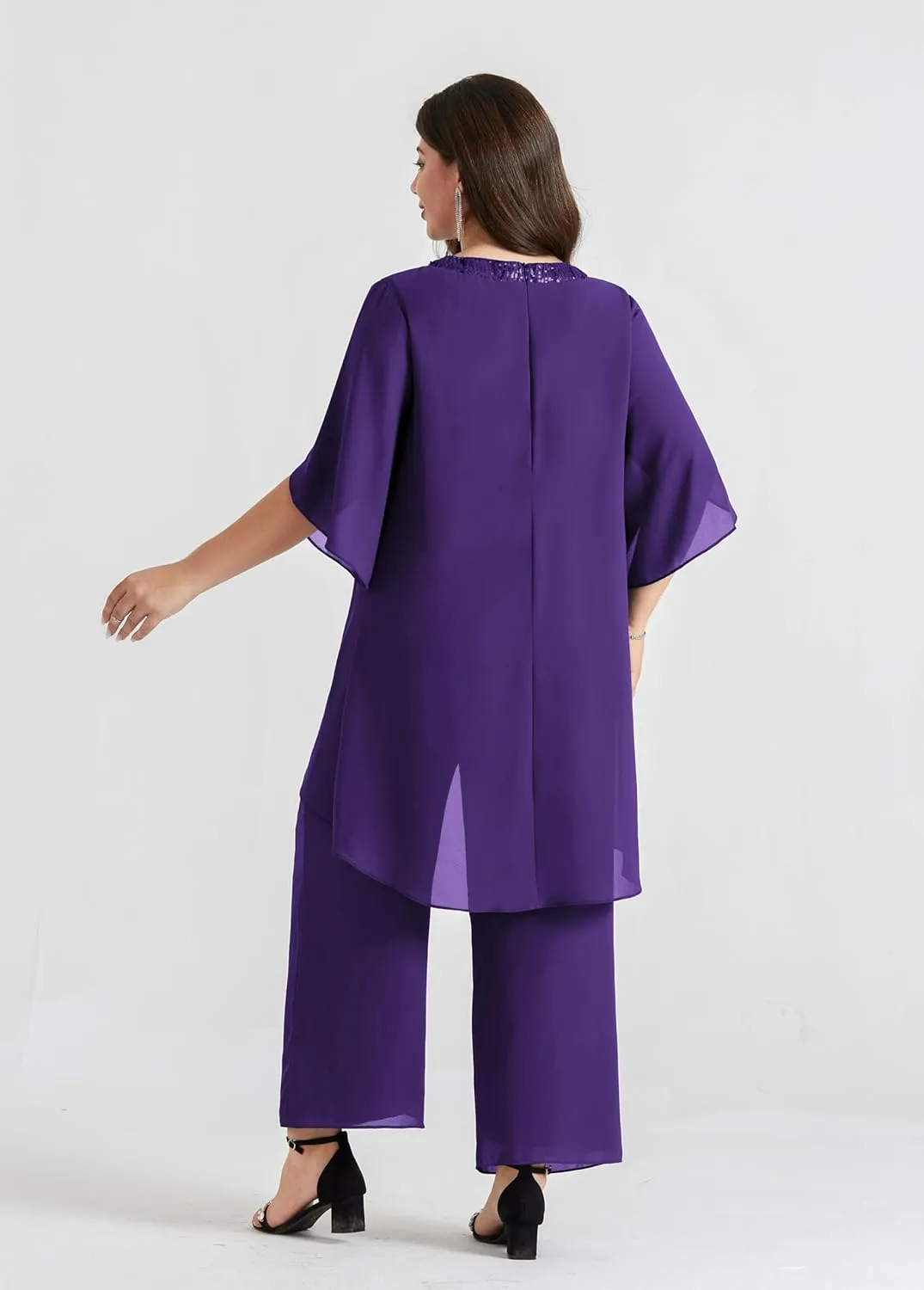Hanna Nikole Plus Size Mother of The Bride Pant Suits 2 Piece Chiffon Sets Dressy Wedding Guest Outfit with High Low Hem