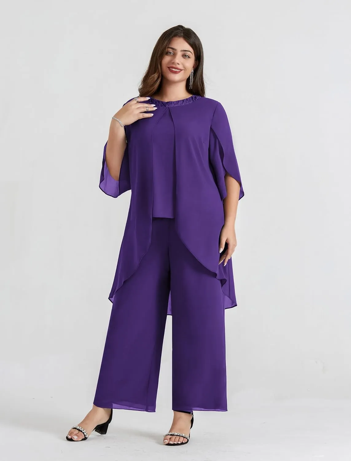 Hanna Nikole Plus Size Mother of The Bride Pant Suits 2 Piece Chiffon Sets Dressy Wedding Guest Outfit with High Low Hem