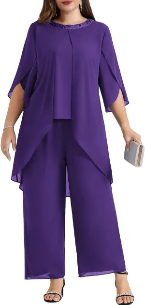Hanna Nikole Plus Size Mother of The Bride Pant Suits 2 Piece Chiffon Sets Dressy Wedding Guest Outfit with High Low Hem
