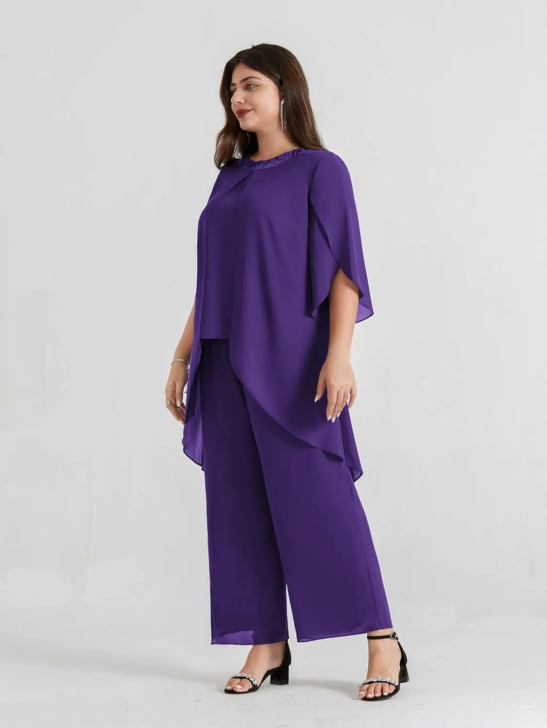 Hanna Nikole Plus Size Mother of The Bride Pant Suits 2 Piece Chiffon Sets Dressy Wedding Guest Outfit with High Low Hem
