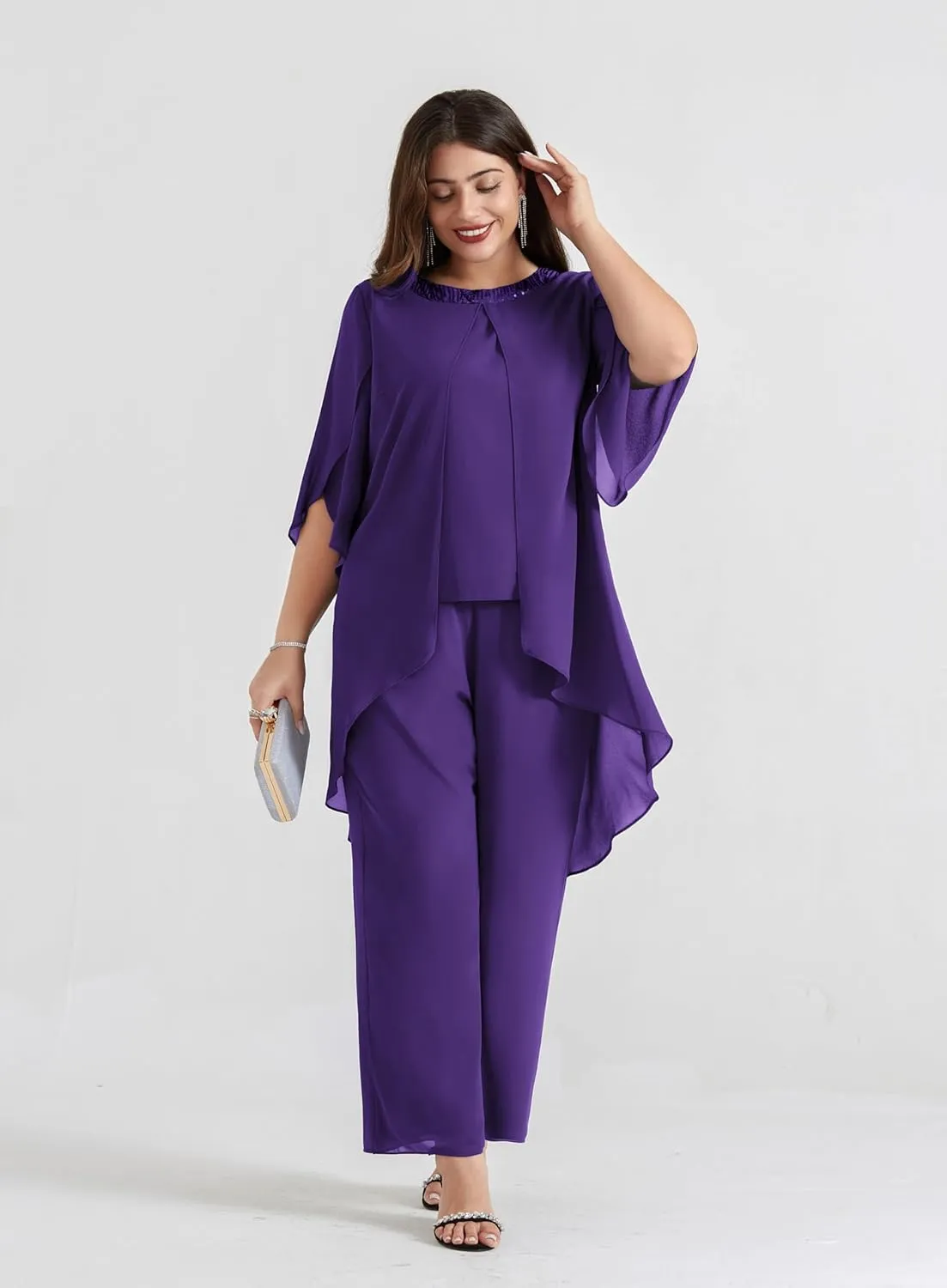 Hanna Nikole Plus Size Mother of The Bride Pant Suits 2 Piece Chiffon Sets Dressy Wedding Guest Outfit with High Low Hem
