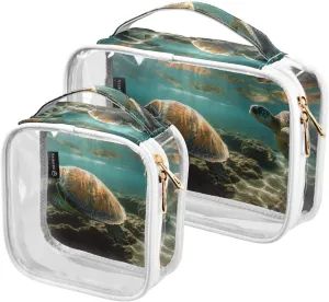 Hawksbill-turtle 2 Pack Clear Toiletry Bag Women Men, Portable Waterproof Clear Pouch, Cosmetic Bag with Double Zippers Large Opening Traveling with Handle for Bathroom Traveling Vacation Organizing