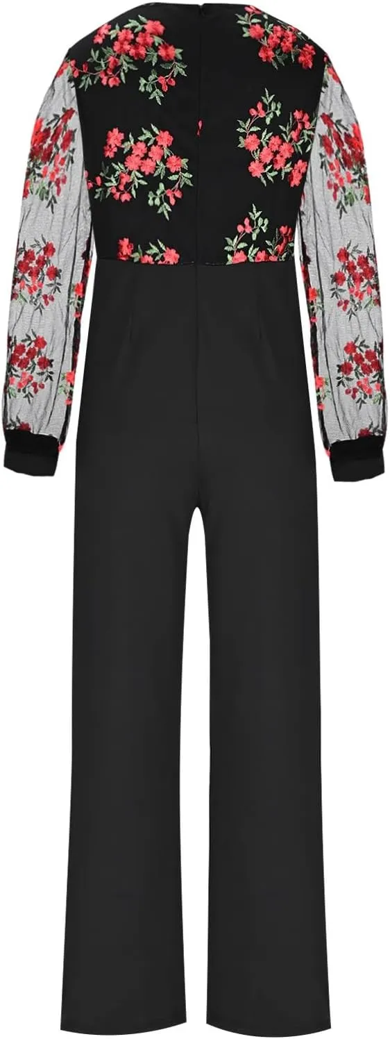 HGps8w Jumpsuits for Women Dressy Embroidery Mesh V Neck High Waisted Formal Elegant Busineess Long Pants Rompers