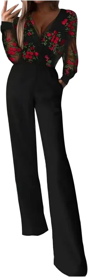 HGps8w Jumpsuits for Women Dressy Embroidery Mesh V Neck High Waisted Formal Elegant Busineess Long Pants Rompers